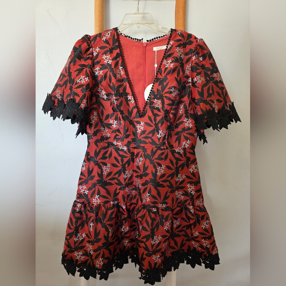 La Maison Talulah Floral Red/ Black Floral Mini Dress With Lace Trim